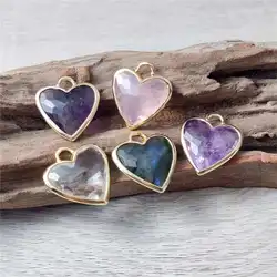 FUWO Natural Semi-Precious Stone Pendant,Golden Plated Heart-Shaped Crystal Accessories For Women Jewelry Making PD471 5Pcs/Lot