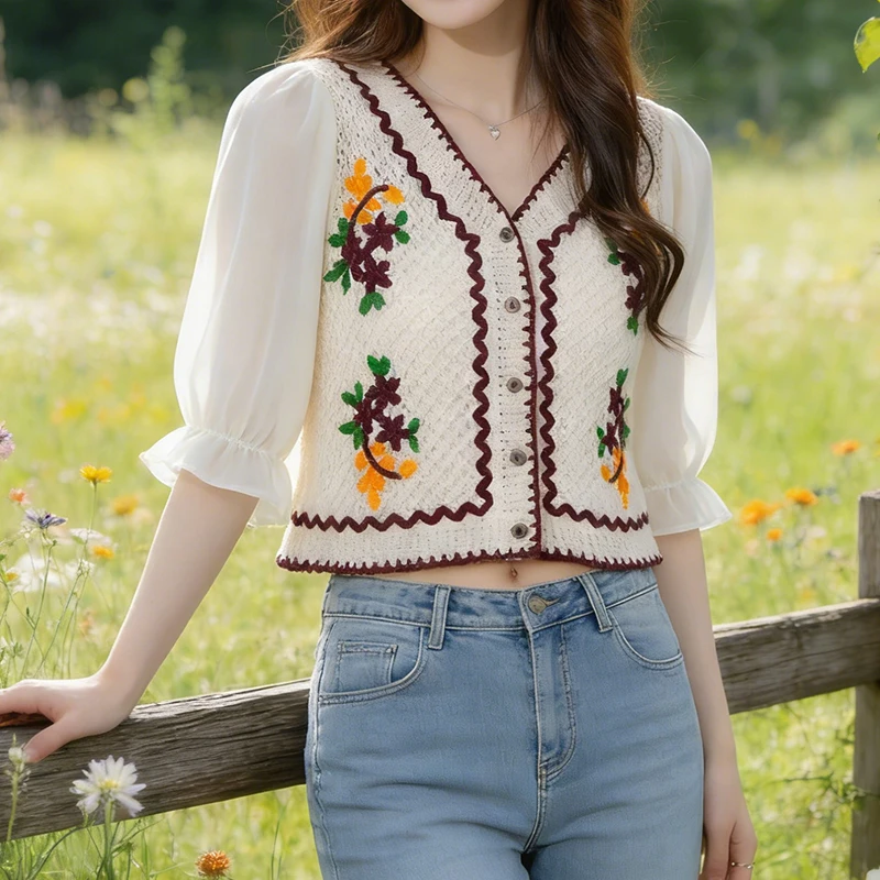 

Женский кардиган с цветочной вышивкой и вязаными элементами, прозрачными рукавами, на пуговицах, укороченный топ в стиле бохо-шик для весны и лета, для фестивалей