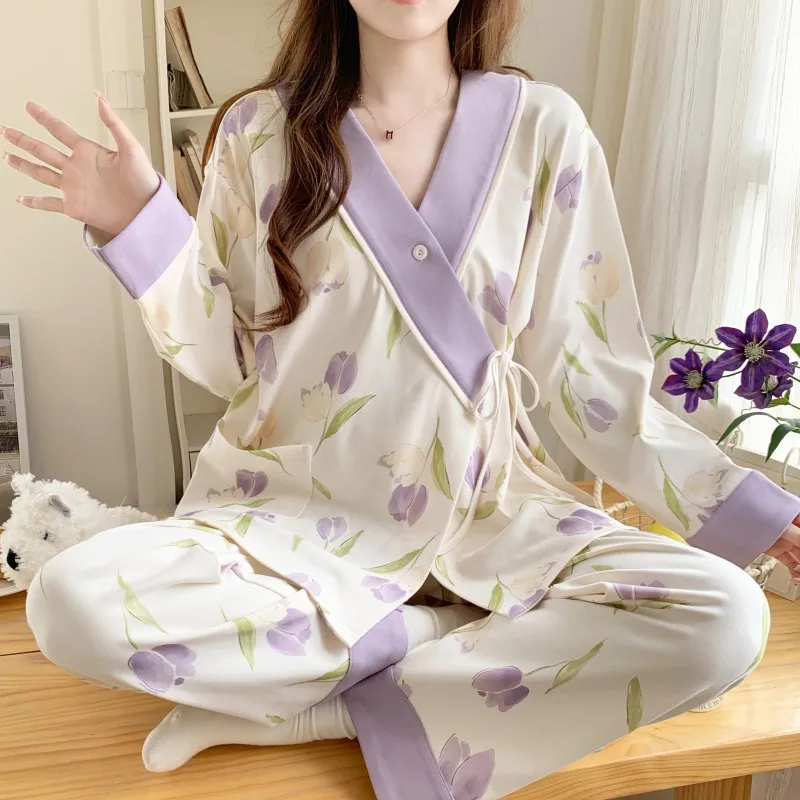 Maternity Wear Spring/Summer Lightweight Postnatal Gown Breastfeeding Loose-Fitting Sweat-Wicking Maternity Nightwear Set