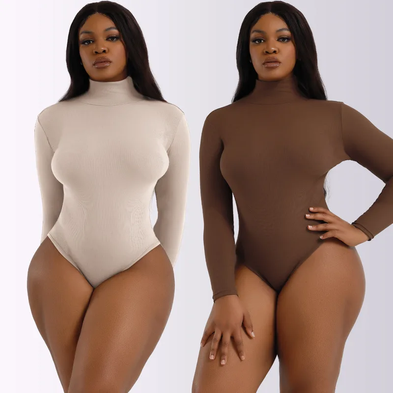 

High Neck Jersey Thong Bodysuit Women's Seamless Ribbed Long Sleeve Sweater Tummy Control Tops Corset Jumpsuit Underwear