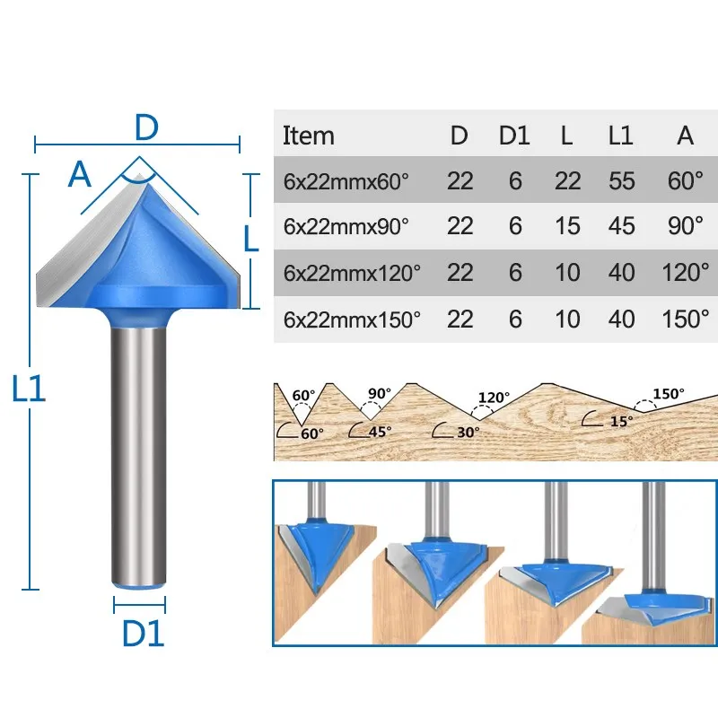 Imagem -02 - Xcan 1pc 6x22 mm 60 90 120 150 Graus v Forma de Fresagem Cnc Gravura Bits Bits de Madeira Router Moagem de Madeira Corte 3d Cortador