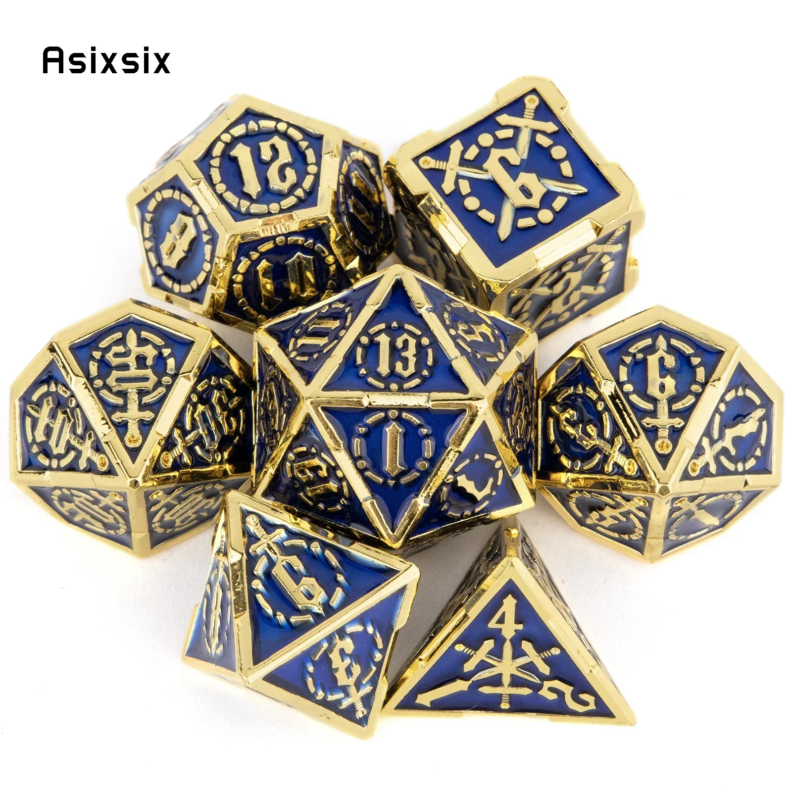 7 Pcs Golden Blue Double Swords Metal Dice Solid Polyhedral Dice Set Suitable for Role-Playing RPG  Board Party Dice Prop
