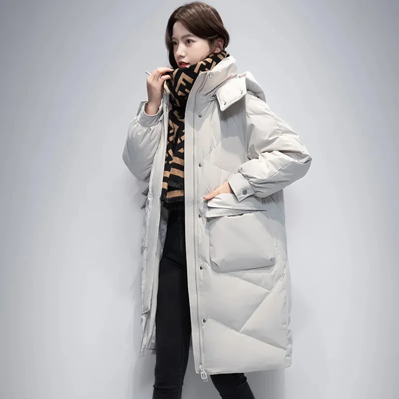 Black Down Jacket Women's 2025 Winter New Korean Edition Fashion Loose Thick White Duck Down Coat Female Hooded Pike Long Coats