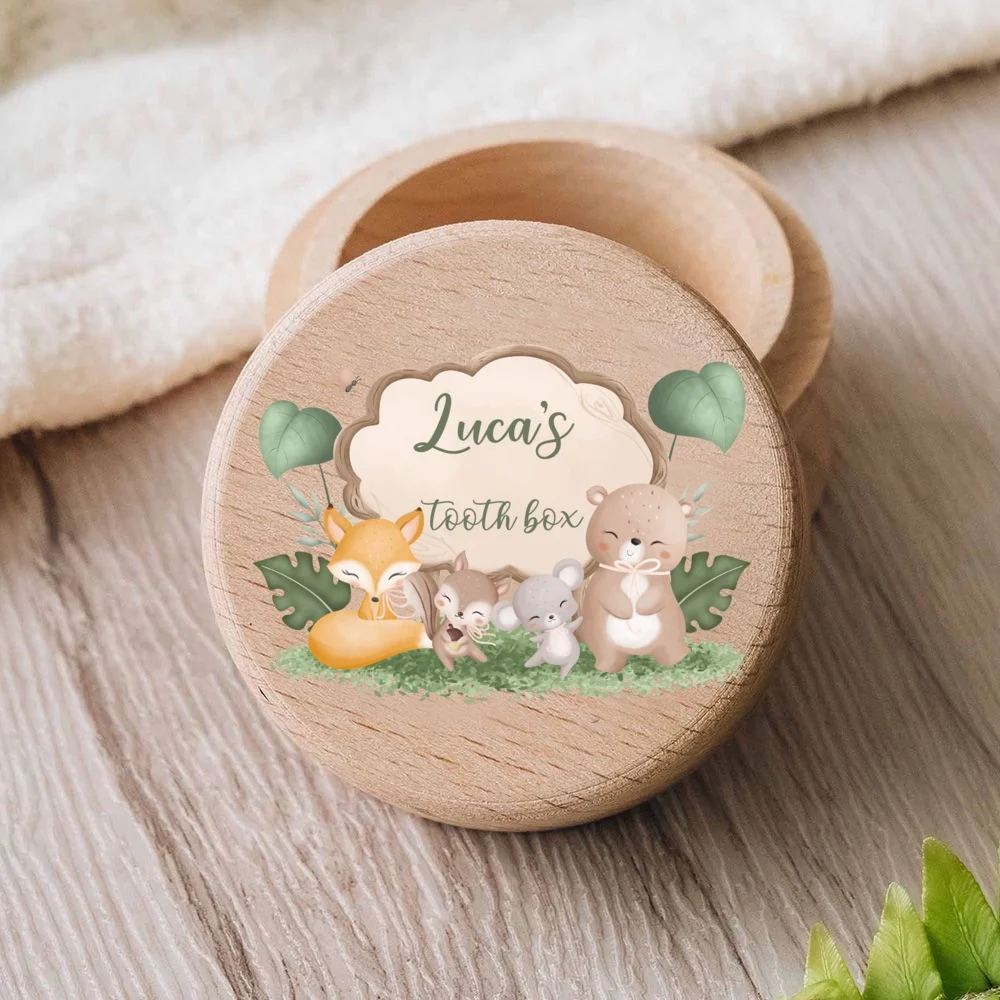 Personalised Baby Tooth Box  Wooden Milk Teeth Storage Collect Teeth Umbilical Save Boxes Safari Animal with Name Keepsake Gift