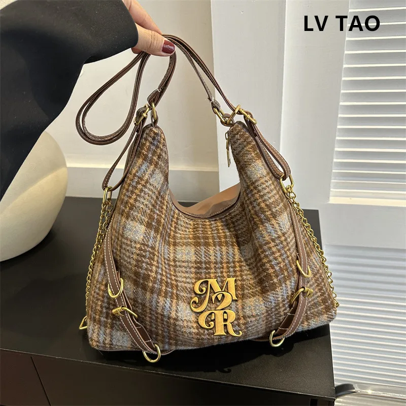 Vintage Women's Bag Knit Mixed Plaid Large Capacity Tote Daily Commuter Shoulder Bag Handbag For Women Shopping Backpack