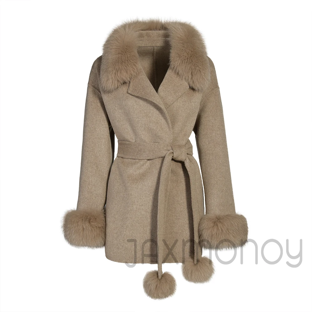 Jaxmonoy Women's Wool Trench Coat with Real Fox Fur 2026 Fall Winter New Casaco Inverno Feminino High-end Cashmere Blend Outwear