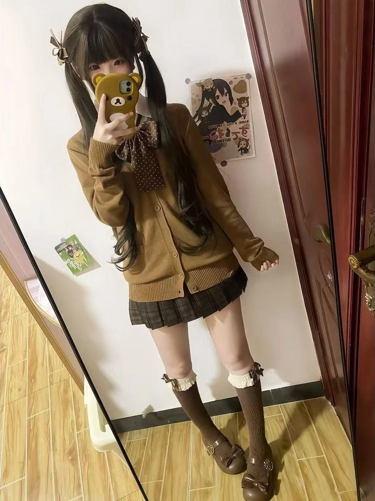 

Осень-зима JK orm Toffee Bread Юбка Верхняя одежда Long Sve Вязаный кардиган Базовый универсальный школьный свитер с карамелью