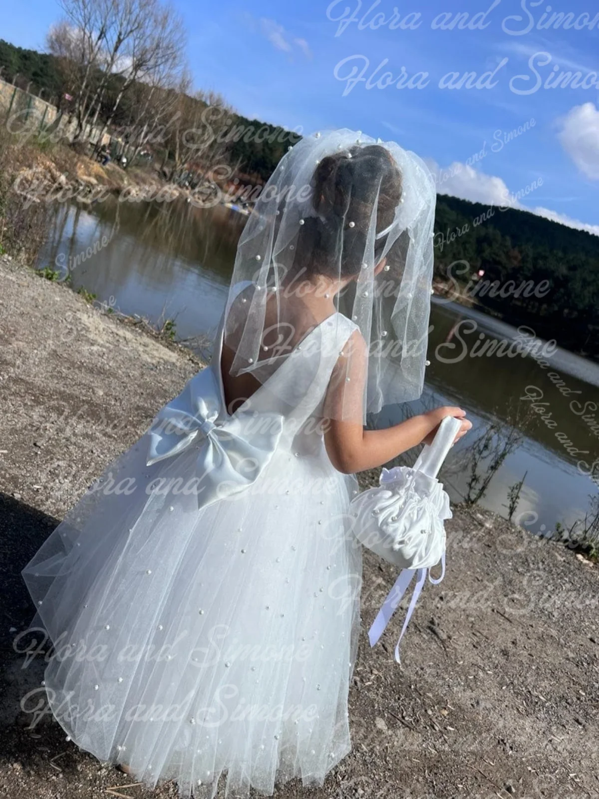Vestido de niña de flores con perlas blancas personalizado, largo hasta el suelo, tul con fajín, elegante fiesta, primera comunión para niñas