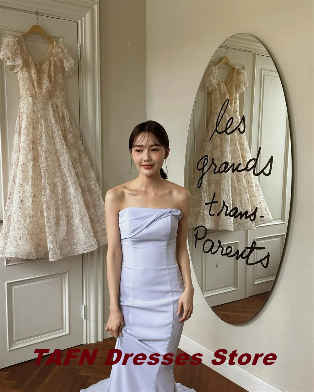 TAFN Korea Mermaid Wedding Shooting Dresses Strapless Sweep Train Purple Bridal Gown Sleeveless Custom Made