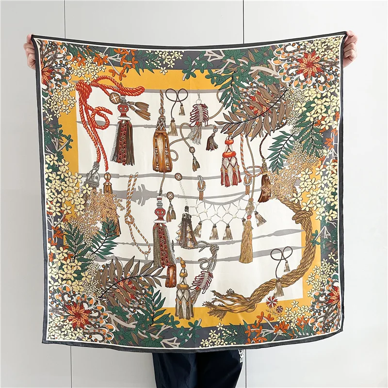 Oversized 108X108CM 100% MULBERRY SILK Square Shawl Retro Palace Tassel Tropical Leaf Print Soft Silk Scarf For Fall Winter Coat