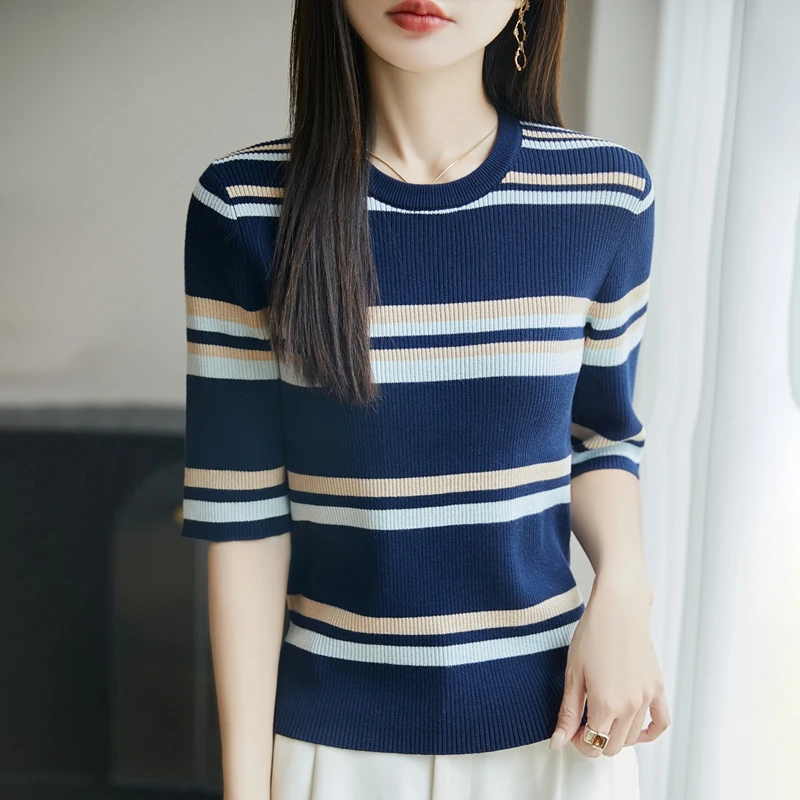 2026 100 Cotton Short Sleeve Tee Women Slim Fit Striped Knit Round Neck Half Sleeve Base Shirt Tartan Inner Top fashion Casual..