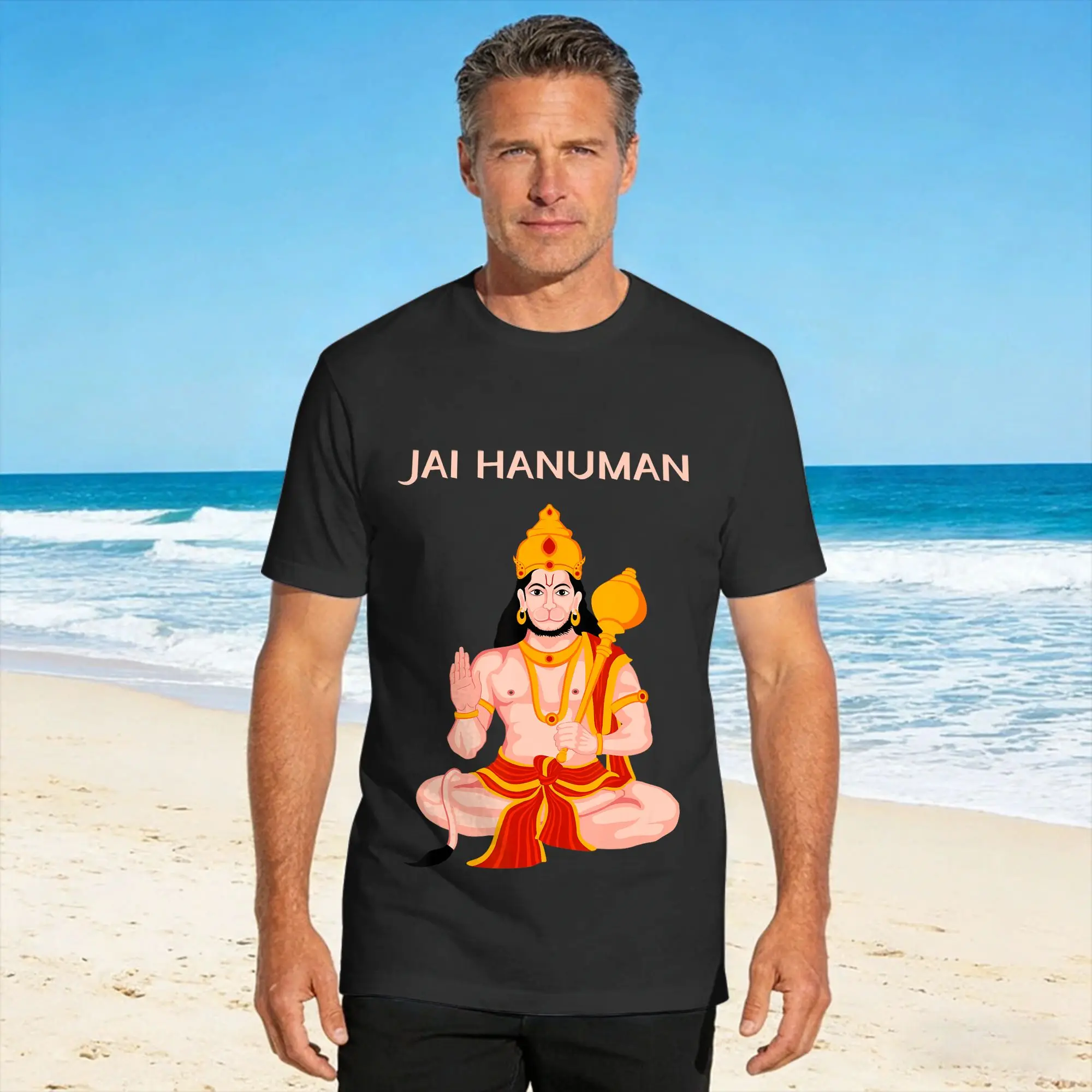Hanuman Bajrang Bali Blessing Hindu God Pooja Jai Hanuman Cotton T-Shirt For Men Summer  Classic T-Shirts Hippie Tee Shirt