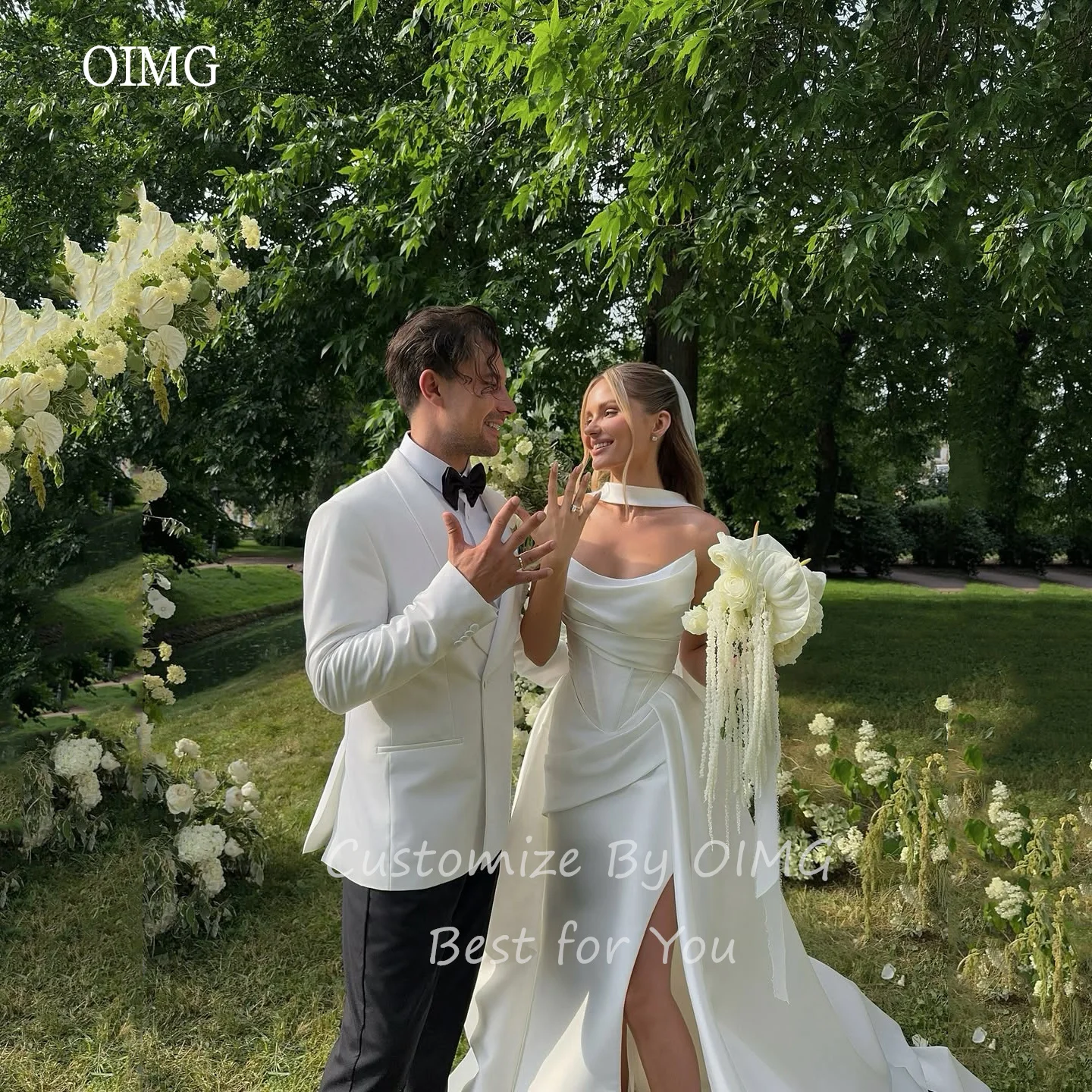 

OIMG Chic Strapless A Line Wedding Dress Backless Bride Dresses Slit Long Tail Wedding Gowns vestidos de novia Customized