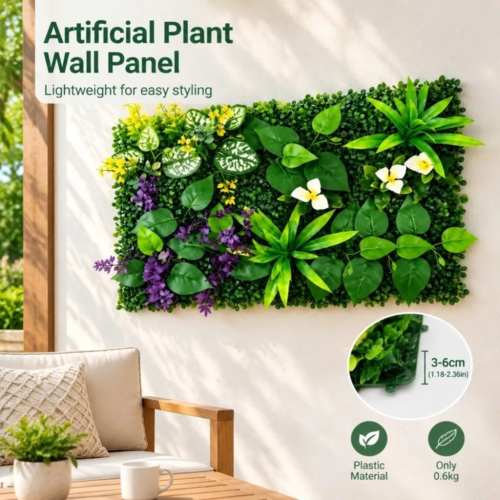 Plastic Artificial Plant Wall Panel Fake Foliage Texture Hedging Design Fake Foliage Panel 40x60cm Artificial Foliage Wall