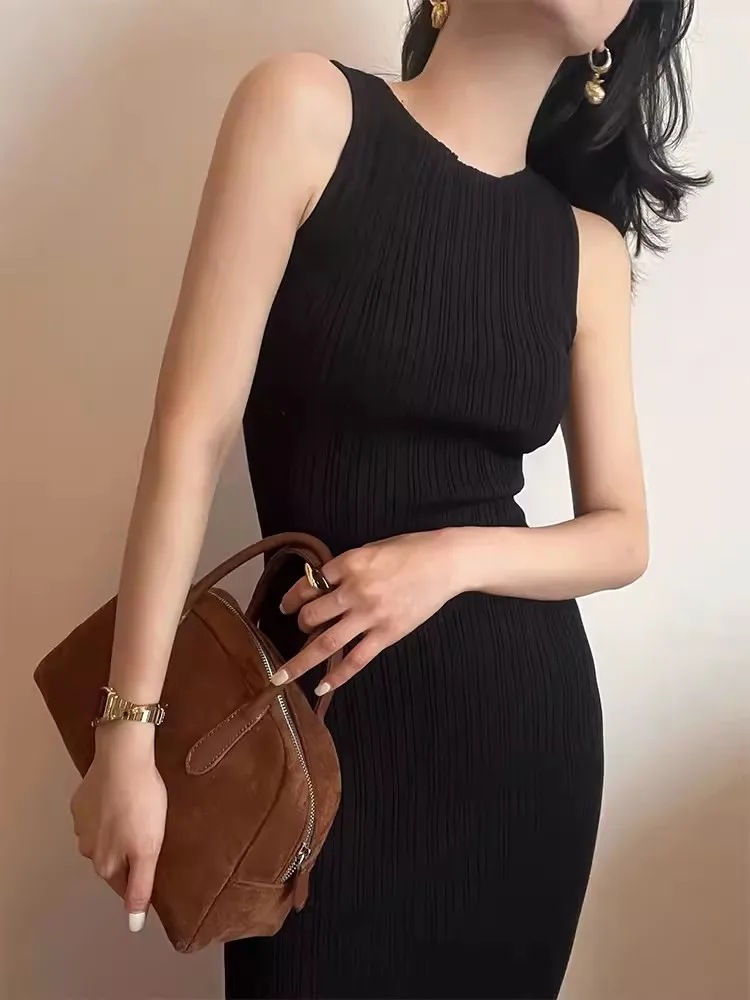 Sleeveless Knitted Pit Stripe Vest Dress Solid Round Collar High Waist Women's Dress Casual Commuting Long Dresses C-312