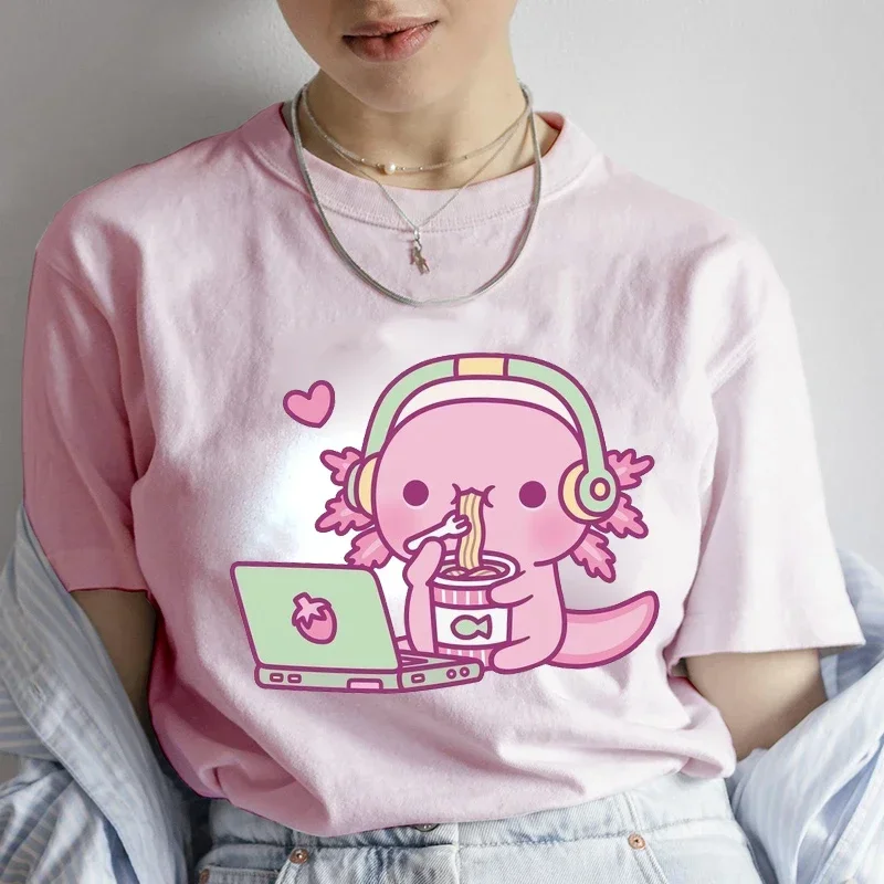 Casual Fashion TShirts Summer Vintage Women T-Shirts Women's Clothing Cartoon Cute Axolotl Loves Instant Noodles Anime T Shirts