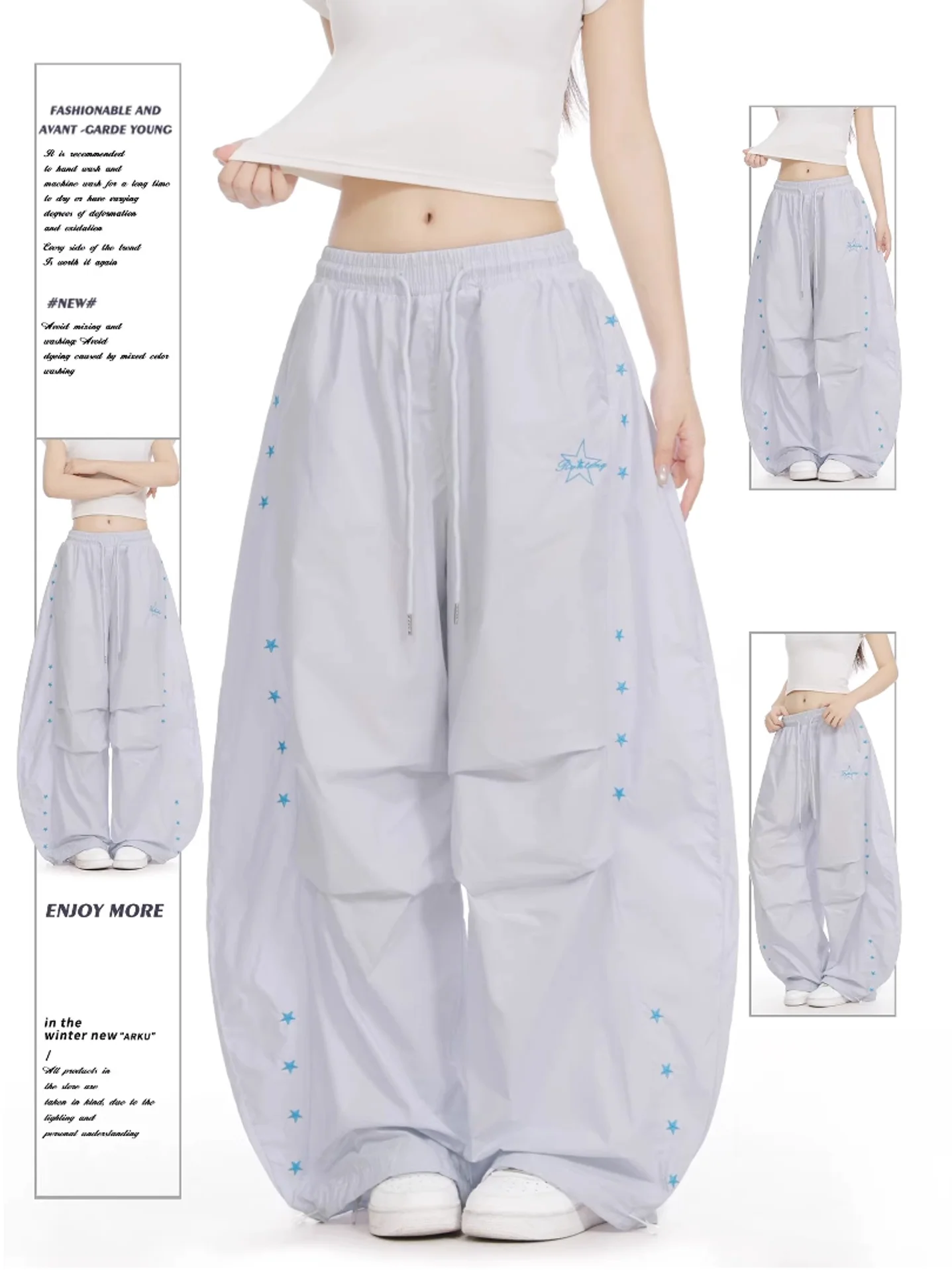 

American Retro Star Embroidery Paratrooper Work Pants Women Summer Thin Loose Lazy Pleated Wide Leg Casual Trousers Trendy