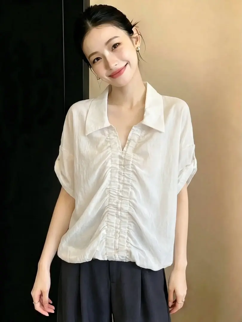 

Elegant Pleated Neck Short Sleeve Shirt Women Summer Fashion Ageless Loose Commute Ready Polyester Fiber Casual Wear