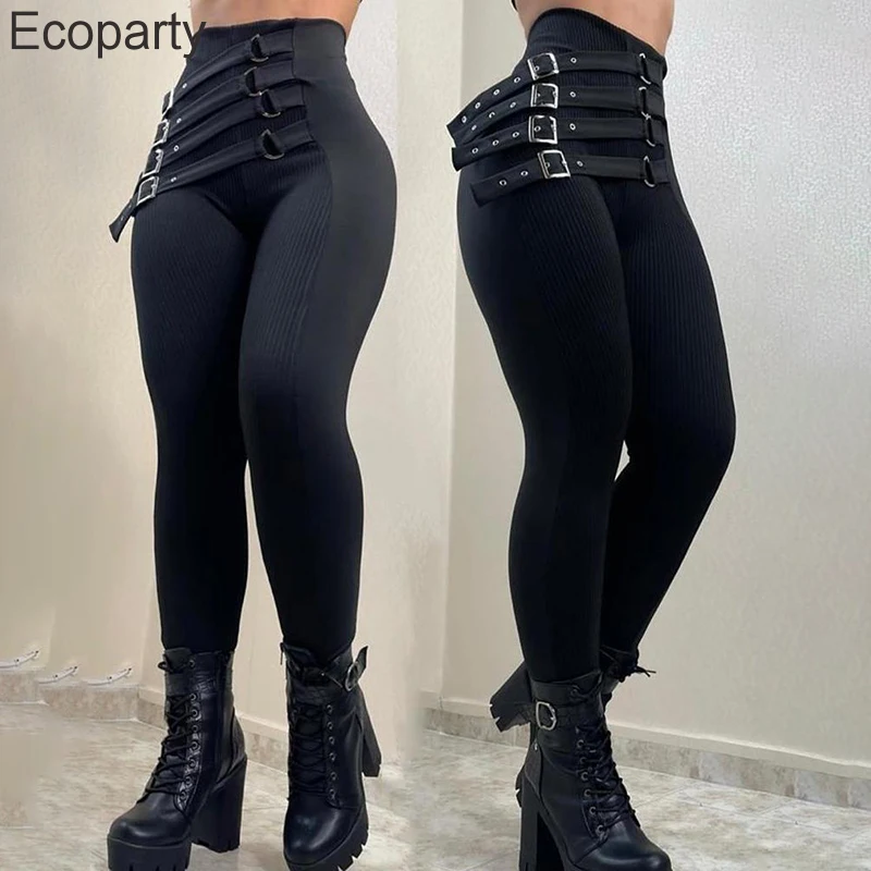 New Women's High Waist Pencil Pants Fashion Black Gothic Slim Leggings With Metal Buckle Y2k Vintage Trousers For Women