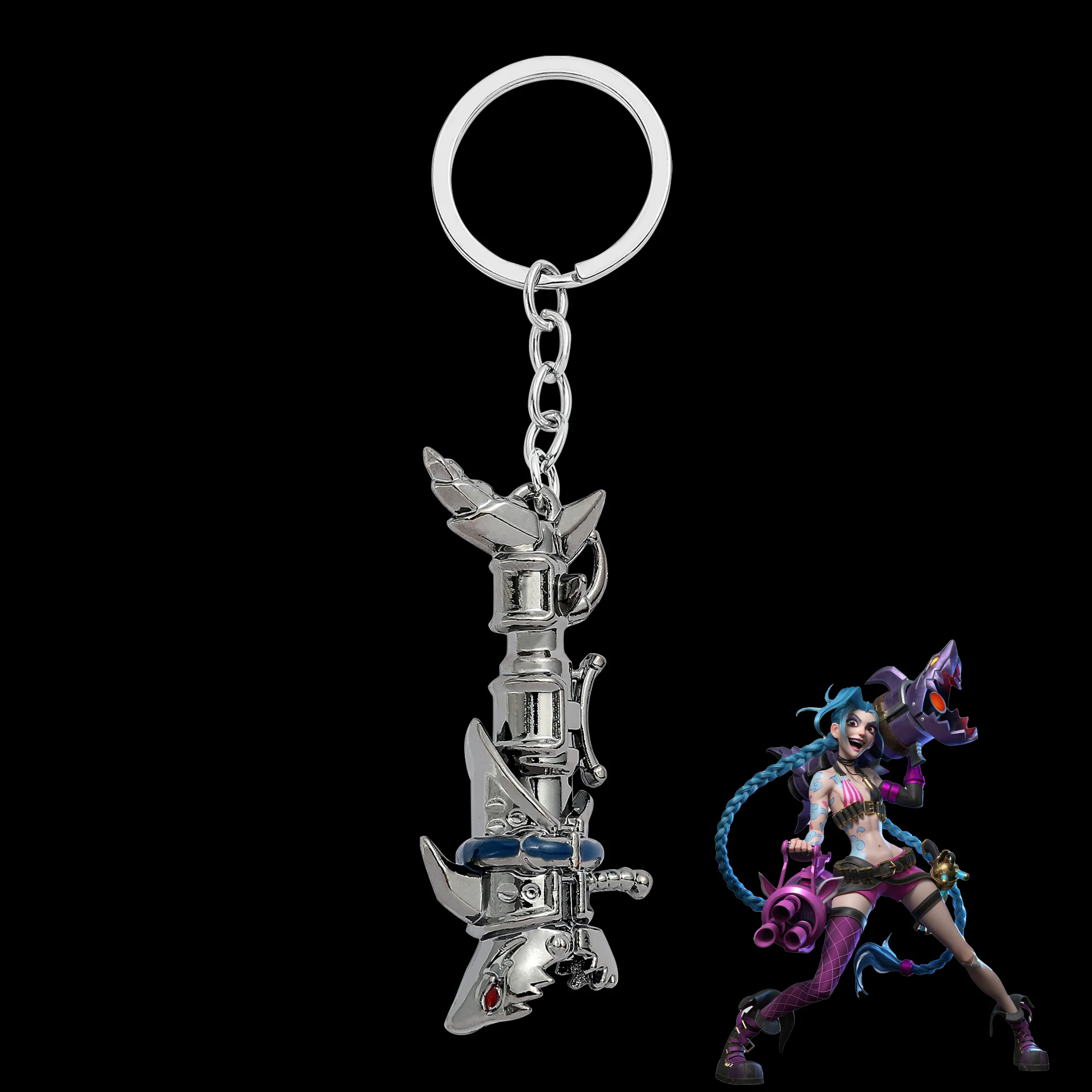 League of Legends Game Figure Anime Arcane Jinx Keychain Shark Style Grenade Launcher Model Keyrings for Backpack Accessories