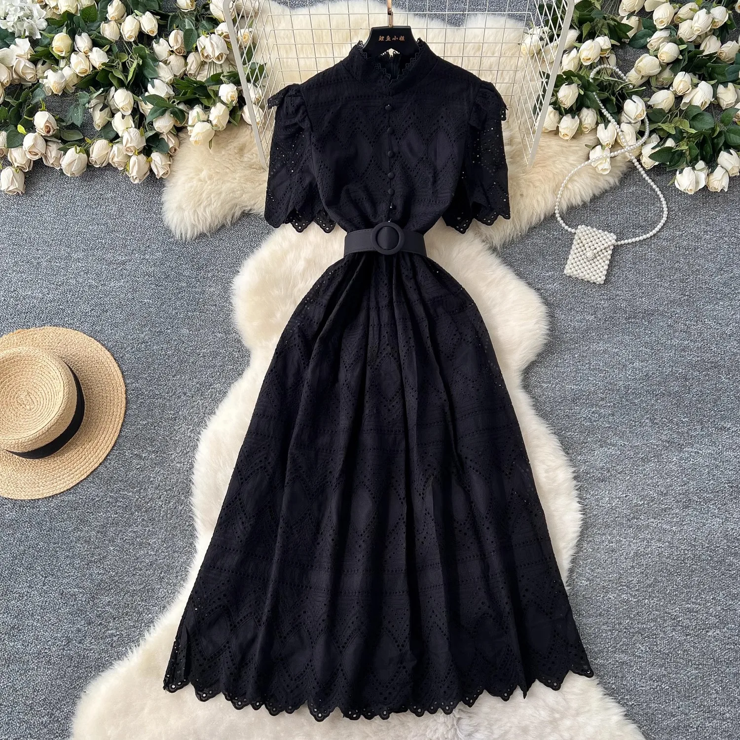 

Women's Retro Elegant Lace Long Midi Dress Hollow Hook Crochet Slim Belt A-Line for Prom Party Club Wedding Spring Summer