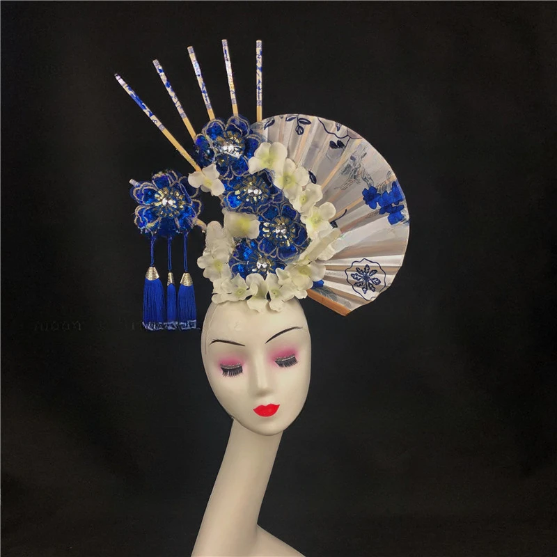 

Chinese style blue and white porcelain hair accessories adult stage performance creative modeling headgear