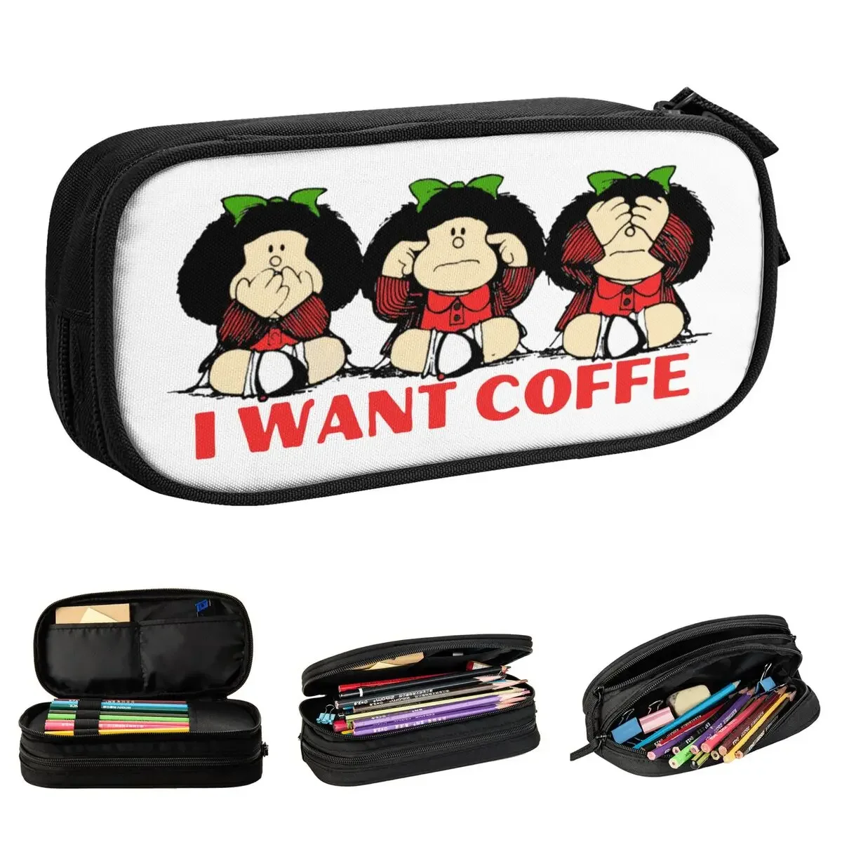 

Fashion Mafalda I Want Coffe Pencil Case Pencilcases Pen Box Kids Large Storage Bags School Supplies Zipper Stationery