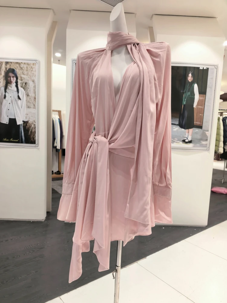 

Australian Fashion Brand Glowing Surface Dress Women's High Waist V-neck Slimming Off-center Tied Waist Dress Korean Style