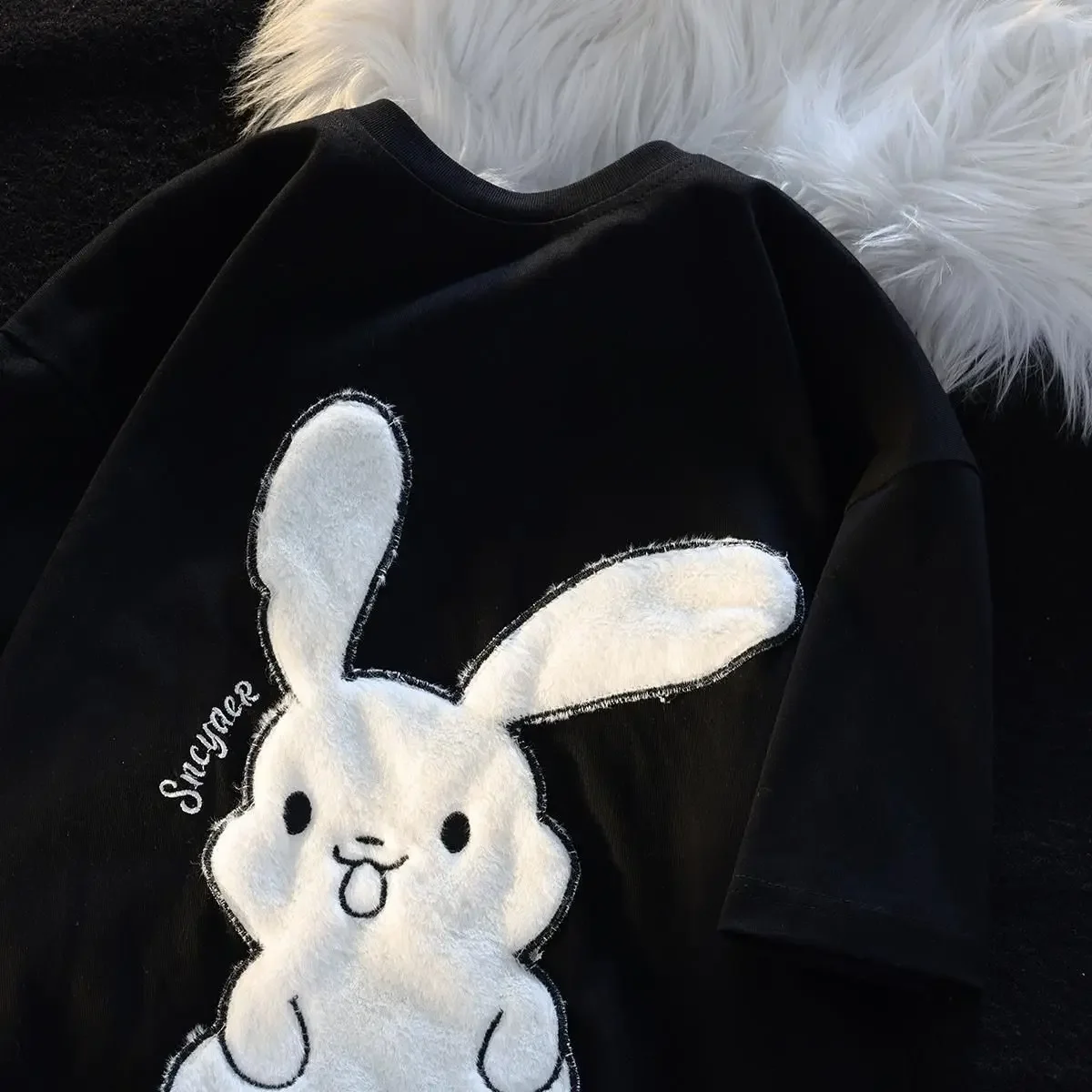 

American Cute Rabbit Embroidery Short-sleeved T-shirt Women's 2023 New Summer Y2K High Street Casual Couple Round Neck Tops Tees