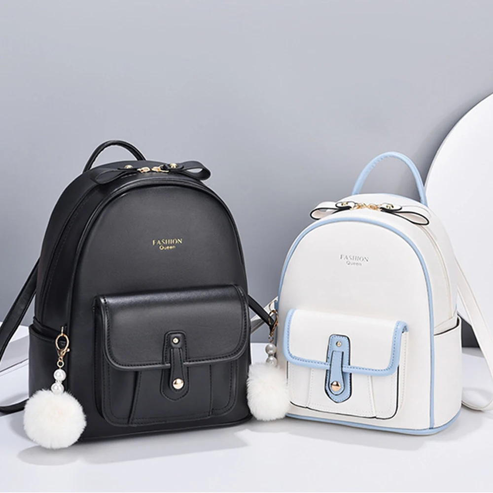 Casual Travel Mini Backpack Women Rucksack Teenagers Student School Bags Girls Cute Plush Ball PU Leather Satchel Shoulder Bag