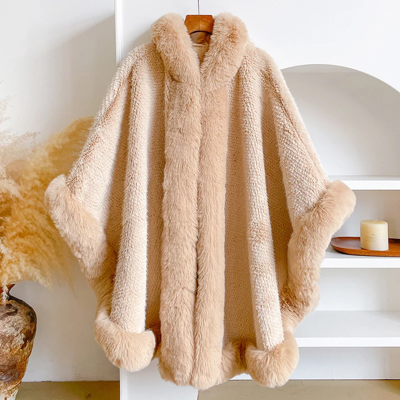 

Winter New Thicken Mink Wool Full Trims Women's Faux Fur Cape - Hooded Loose Fleece Cloak Coat Party Dress Wraps Warm