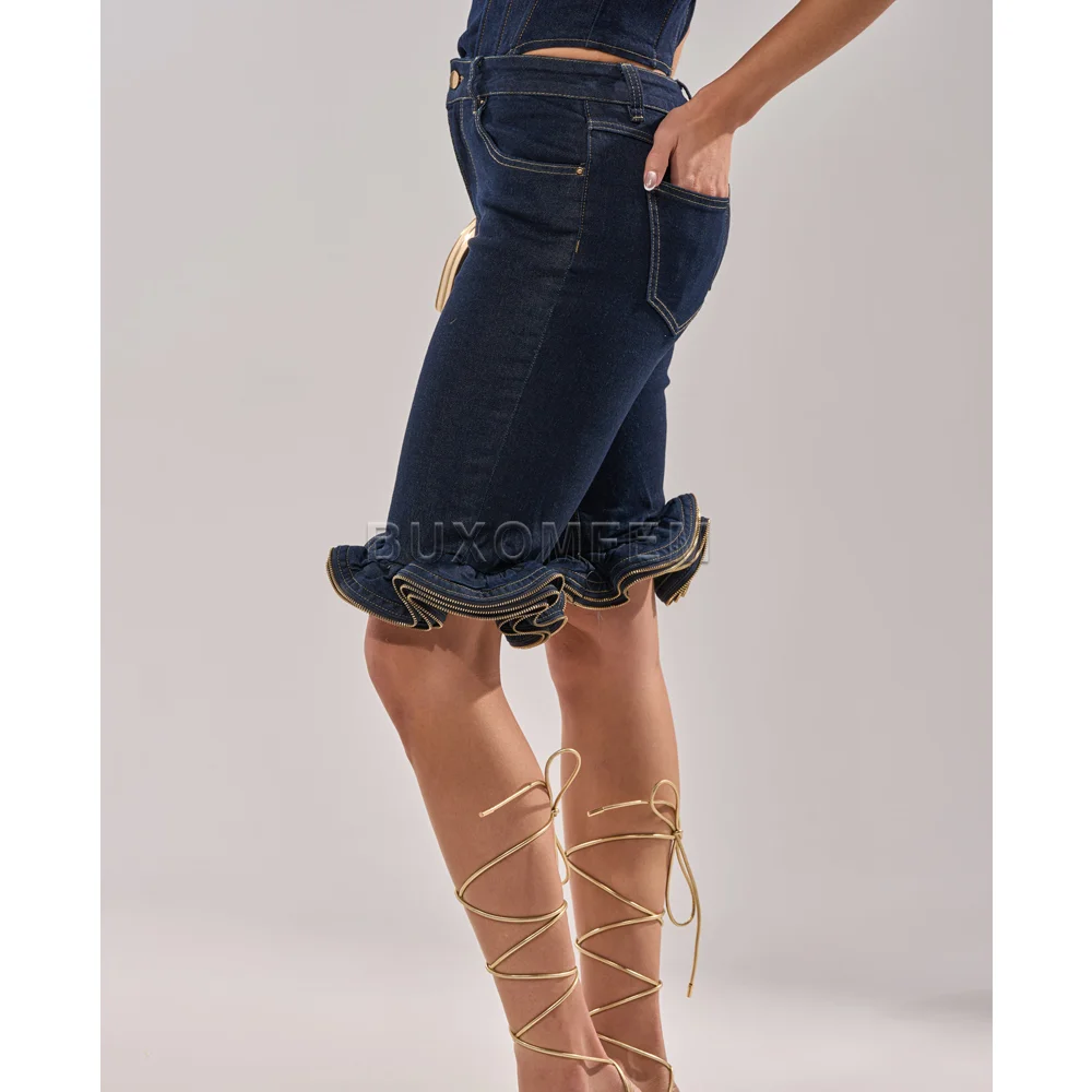 Women's Wave Ruffled Slim Fit Denim Shorts Ladies' Fashion High Quality Pencil Pants Female Trousers Outfit Streetwear 2026