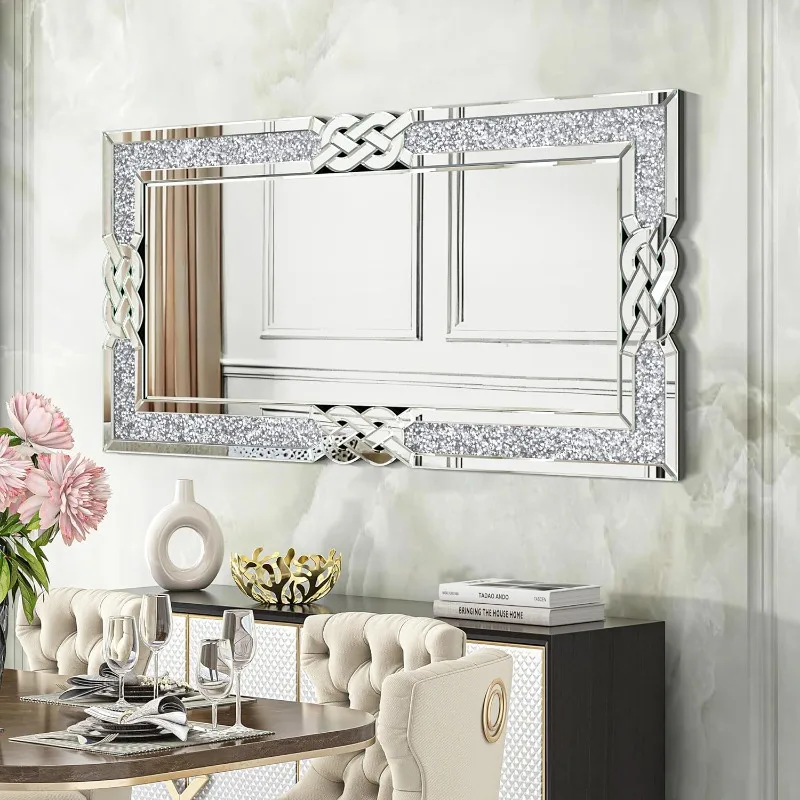 Crystal Mirror Full Length 47''x24'' Crush Diamond Silver Mirrors for Wall Decor Rectangle Decorative Living Room Bathroom