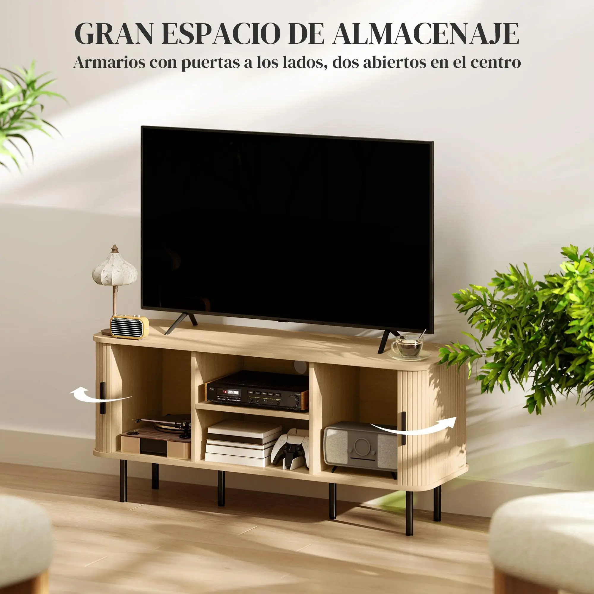 Soporte para TV de 120x40x55 cm con 2 Puertas Corredizas y 2 Compartimentos Abiertos, Madera con Acabado Roble para Televisor de 55 Pulgadas, Gestión de Cables, Moderno