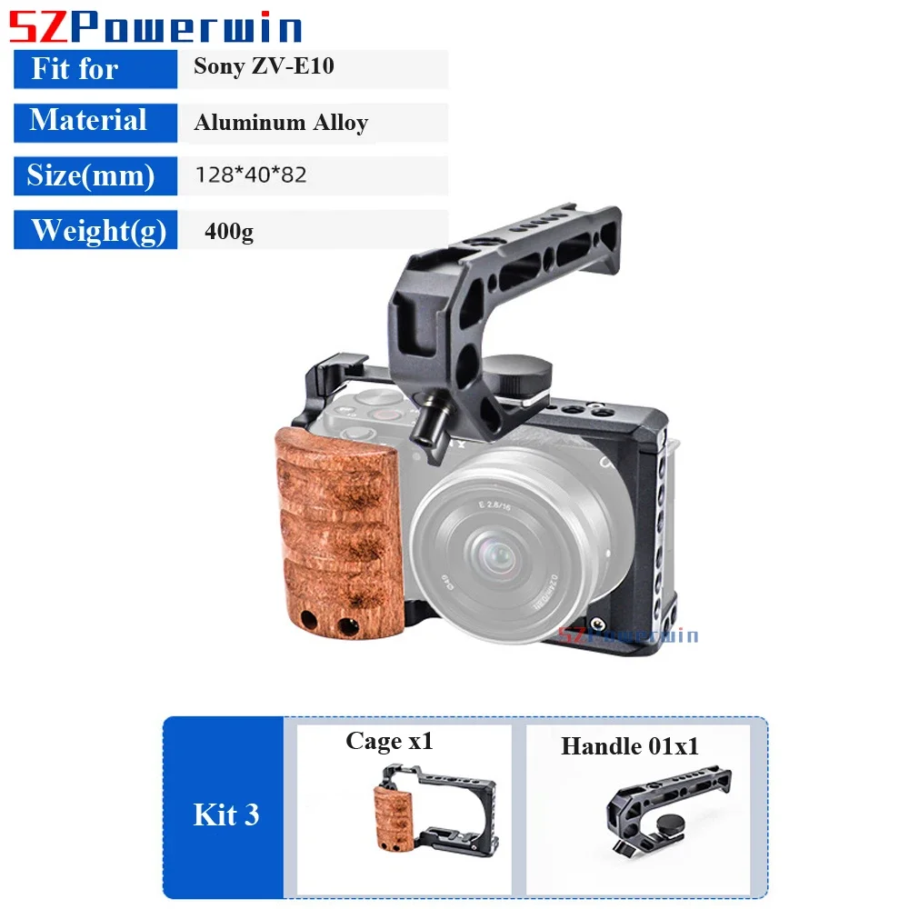 Powerwin For Sony ZV-E10 Camera Cage with wooden Handle Kit Frame Gimbal Aluminum Alloy Arri Locating Screw Protective Rig