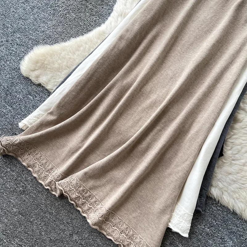 Women Knit Skirt Korean Style Casual High Waist A Line Midi Skirt Fall Patchwork Niche Elegant Knit Skirt Female Faldas SK149