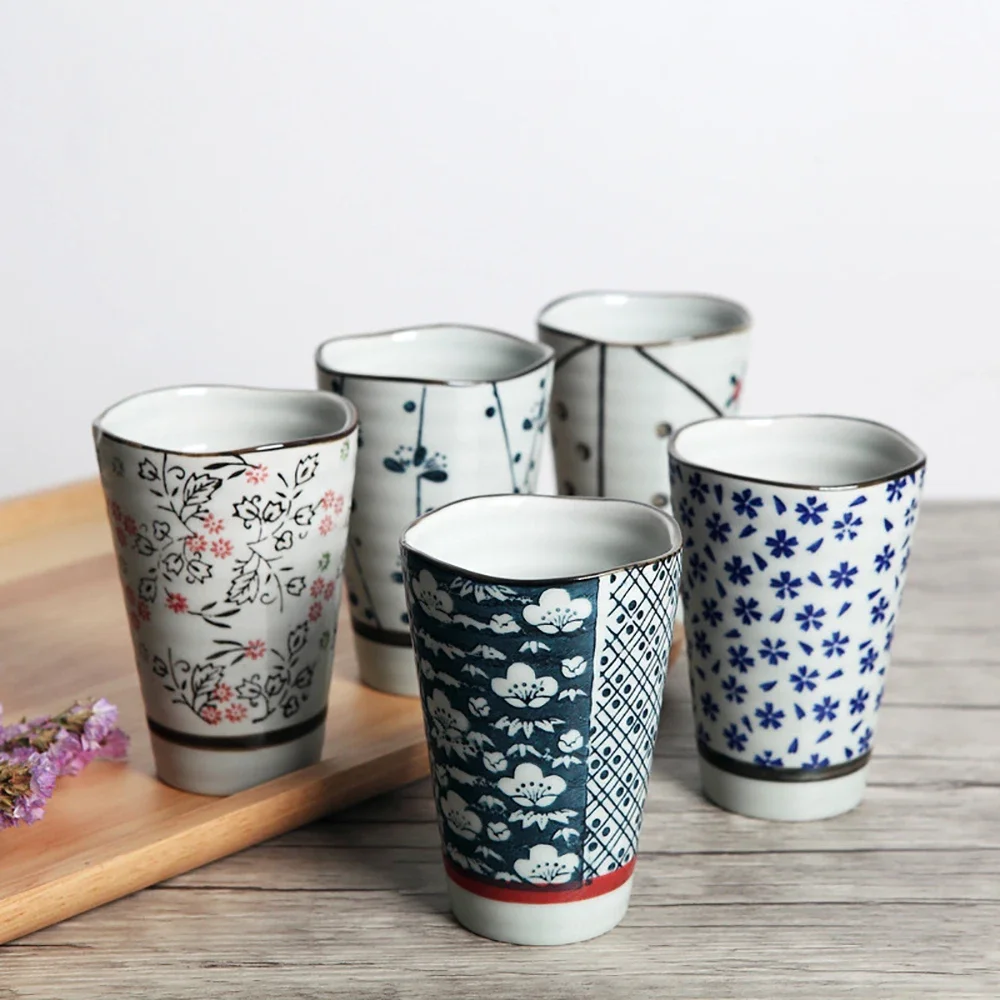 Set of 5 Hand-made Cups Unique Japanese Antiquity Style Ceramic Cup Porcelain Durable Breakfast Mug Special Gift for Friends