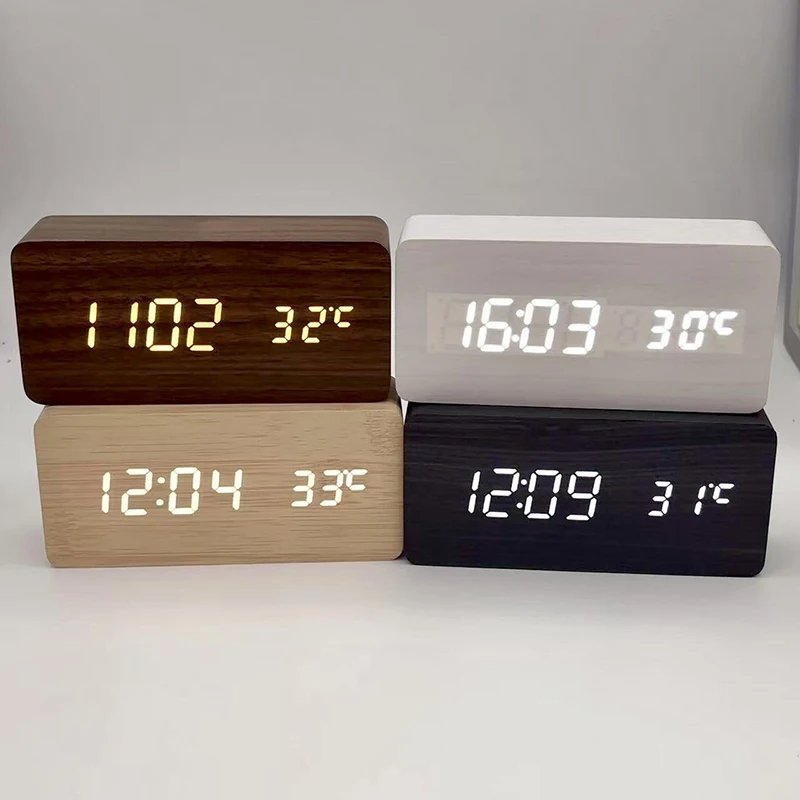 Wooden LED Digital Alarm Clock Voice Controlled Multifunctional Electronic Desk Clock USB Student Specific Home Decor