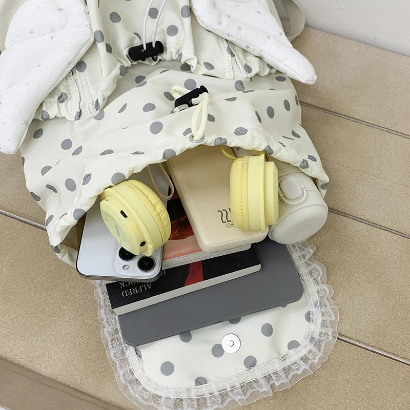 Angel Wings Polka Dot Studenten-Rucksack mit Kordelzug, koreanische süße süße Schultasche aus Nylon, leichte, lässige, geräumige Reisetasche – Detail 1