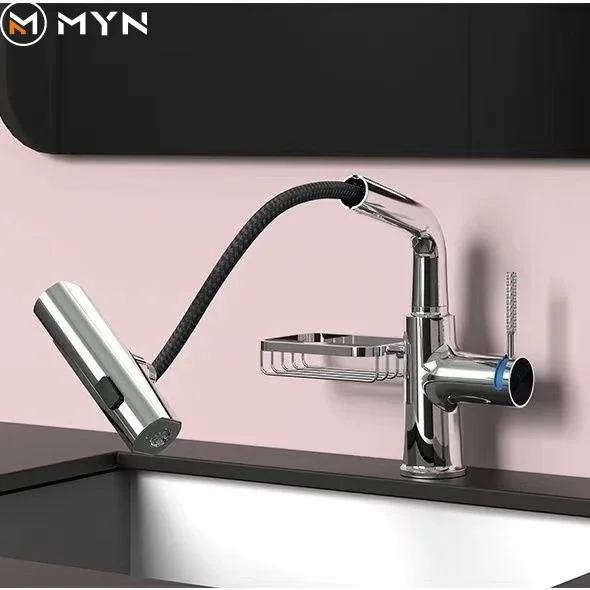 Tiktok Hot Sale  Rotary Pull Out Basin Tap Temperature Display Waterfall Bathroom Faucet With Soap Basket