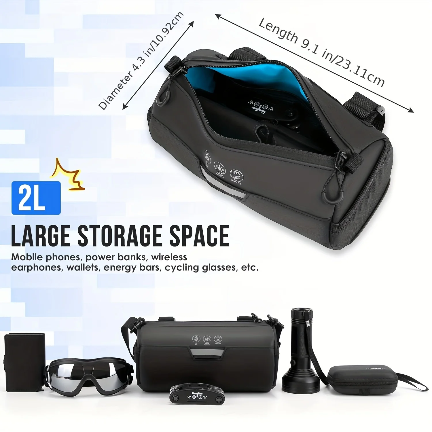 Bike Handlebar Bag Waterproof - Bicycle Handlebar Roll Bag with Large Reflective Area, Bike Front Pouch with Waterproof Zipper