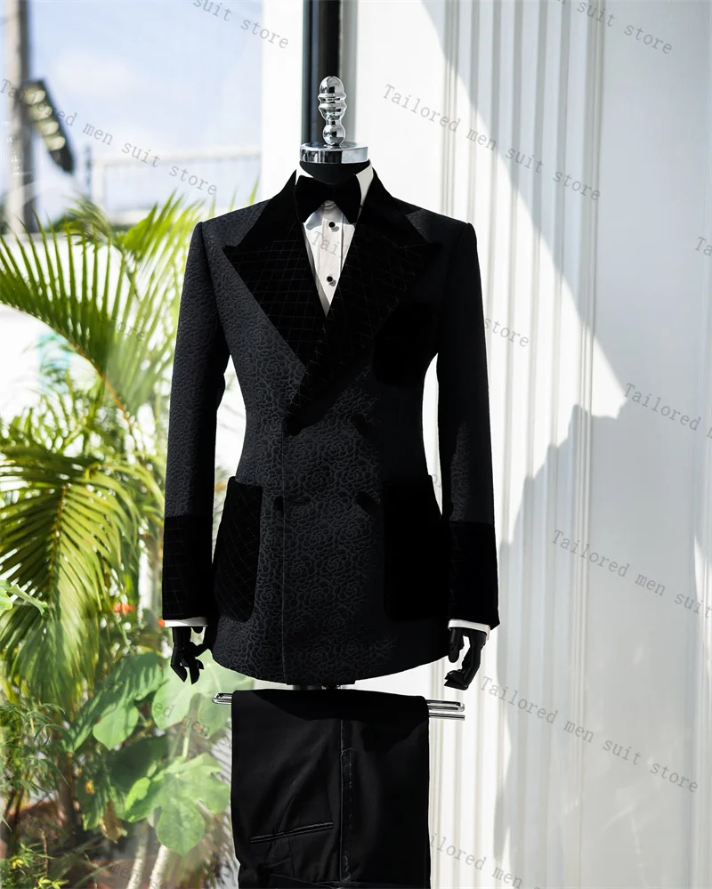 

Jacquard Black Men Suits Set 2 Pieces Blazer+Pants Trousers Wedding Tuxedos Jacket Formal Office Business Groom Male Coat
