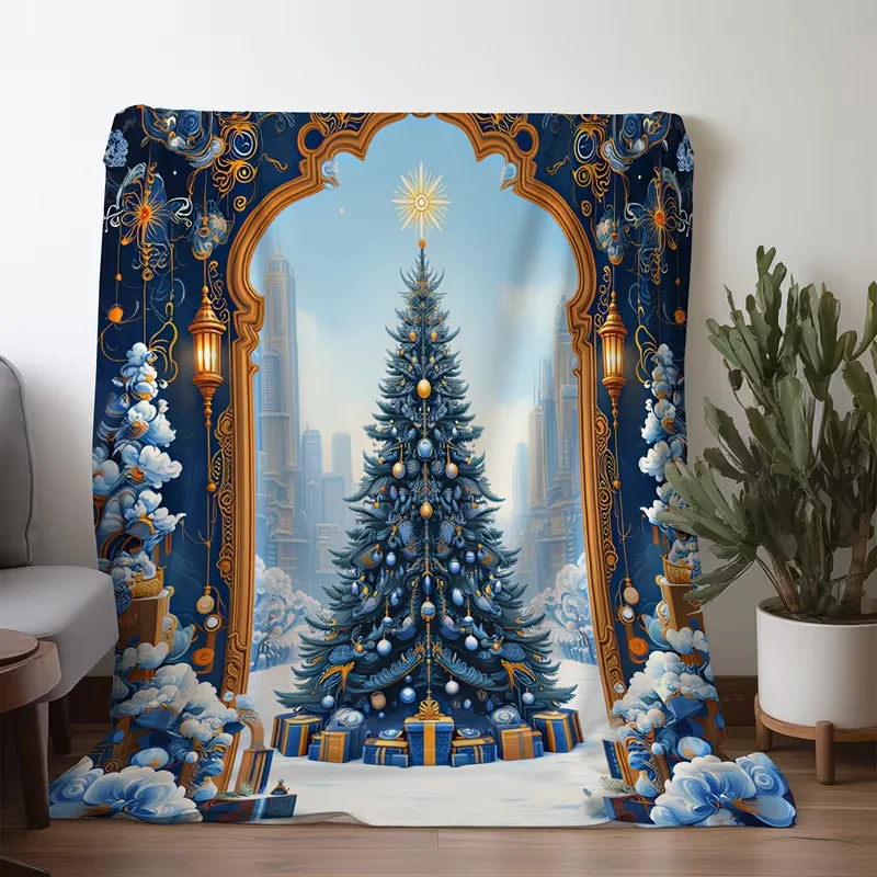 Vintage Blue Golden Christmas Tree Blanket Arch Frame Winter City Gift Box Print Soft Warm Holiday Home Decor All Season Blanket