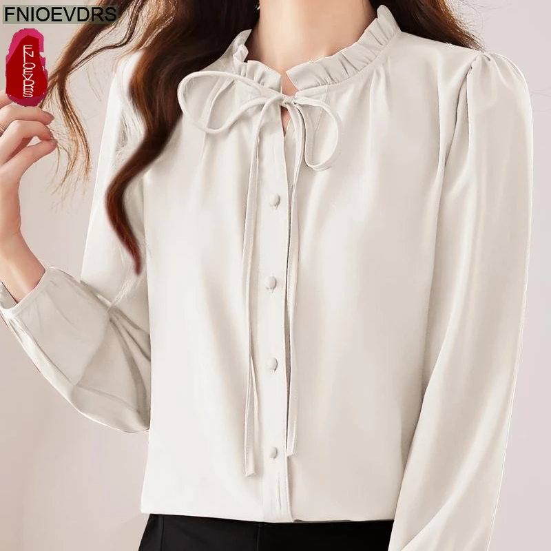 

2025 Autumn Bow Tie Tops Women Korean Style New Year Christmas Red Elegant Office Lady Cute Ribbon Sweet Basic Shirts Blouses