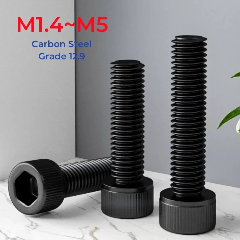 M1.4 M1.6 M2 M2.5 M3 M4 M5 Grade 12.9 High Strength Black Carbon Steel Full Thread Hexagon Hex Socket Cap Allen Screw Bolt