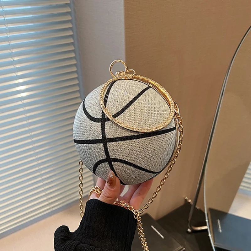 Mini Basketball Bags for Women Trend 2024 Cute Evening Round Handbag Woman Fashion Party Chain Rhinestone Female Shoulder Bag