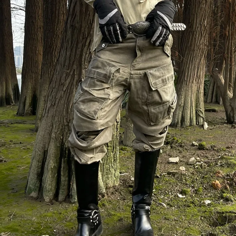 

Niche Designer Style Waste Soil Multi-Pocket Washed Old Asymmetric Tapered Casual Pants