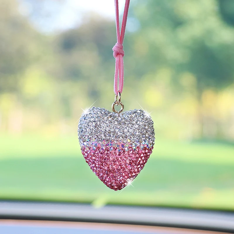 Full Diamond Color Block Heart Car Interior Rearview Mirror Car Hanging Ornament Creative Two-Tone Heart Car Decor