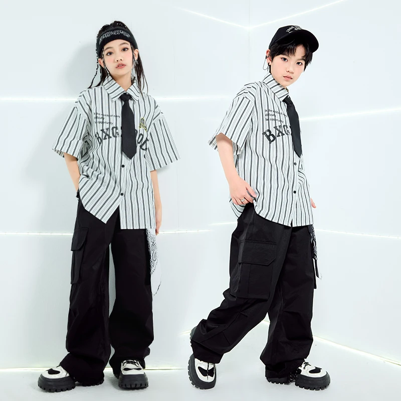 Vêtements de danse Hip Hop pour filles, chemise rayée, pantalon Cargo, tenues Kpop pour adolescents, vêtements de danse moderne Jazz, Costumes de scène pour garçons