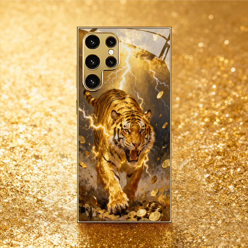 Tiger High-end Atmosphere Simplicity Electroplating Glass PhoneCase for Samsung Galaxy S26 S25 S24 S23 S22 S21 FE,Ultra,Plus
